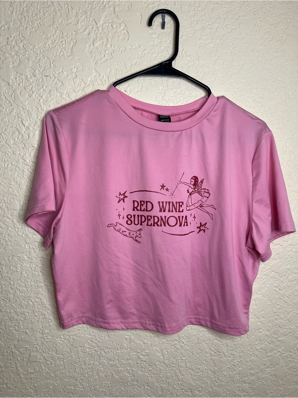 SHEIN Pink "Red Wine Supernova" Graphic Crop Tee